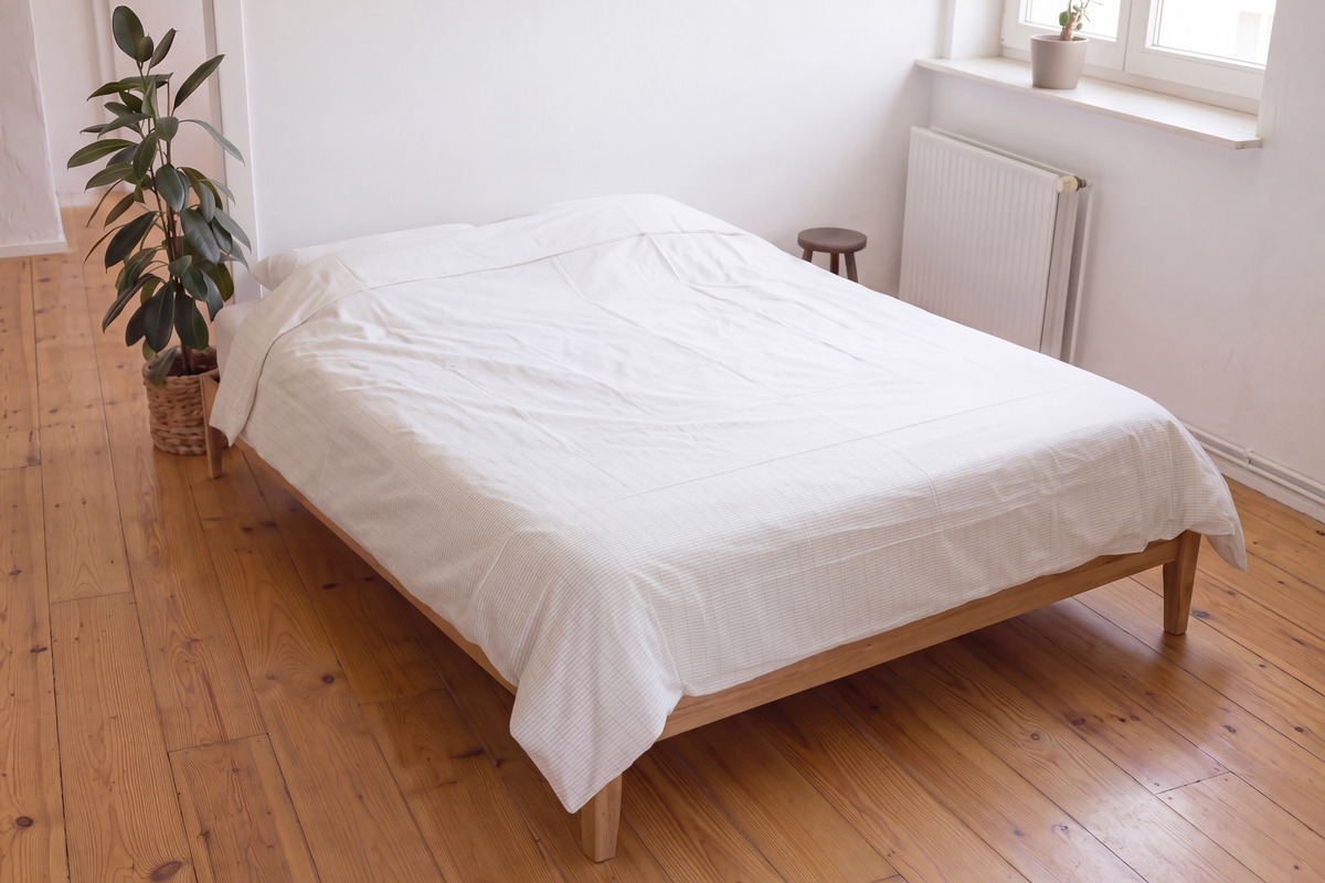 Capa de edredão de ligação à terra Earthle numa cama de casal junto à janela, 240 x 220 cm