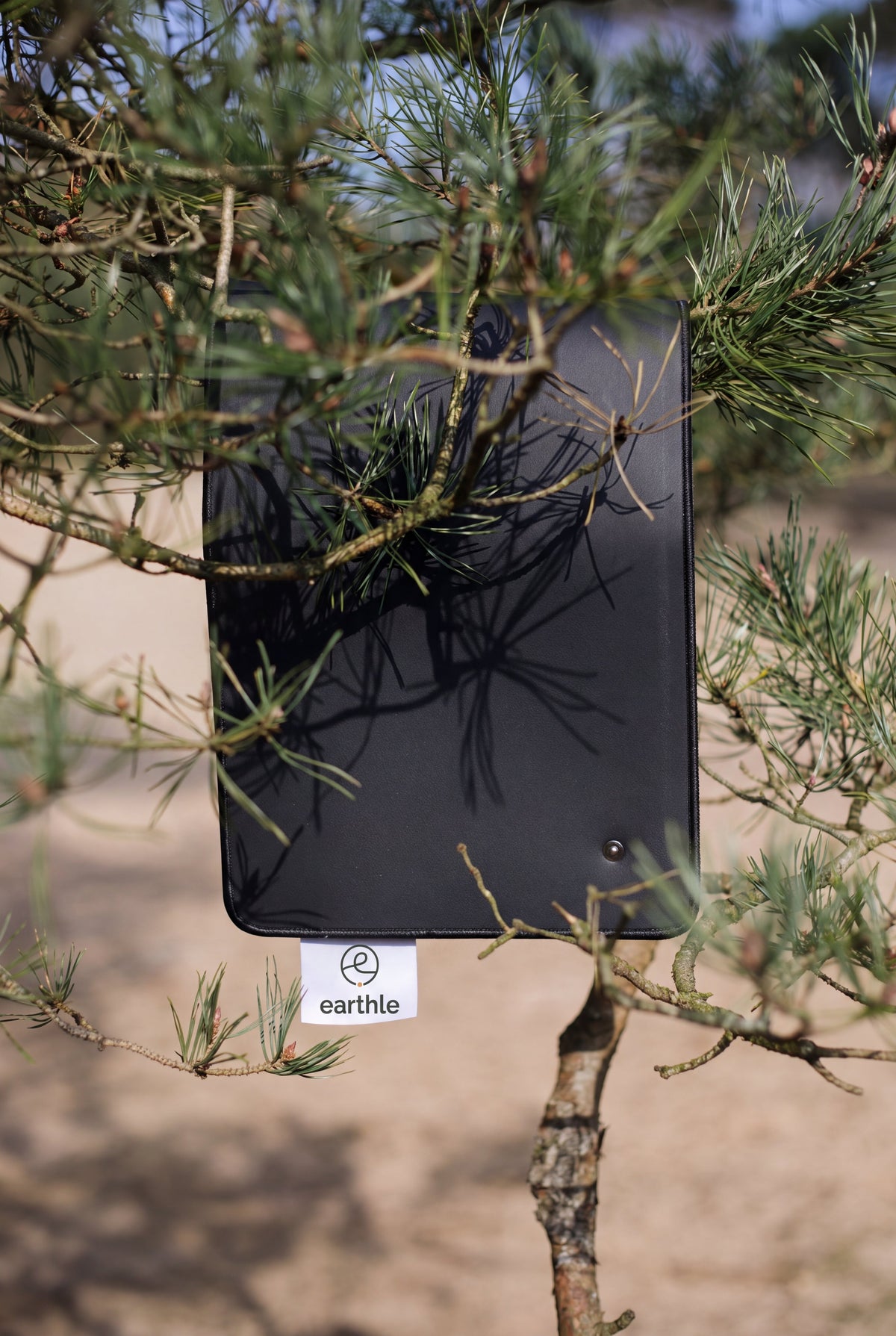 Earthle aardingsbureaumat hangend aan een dennentak in het bos