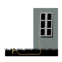 Ilustração de uma vareta de terra no jardim com o cabo a entrar pela janela
