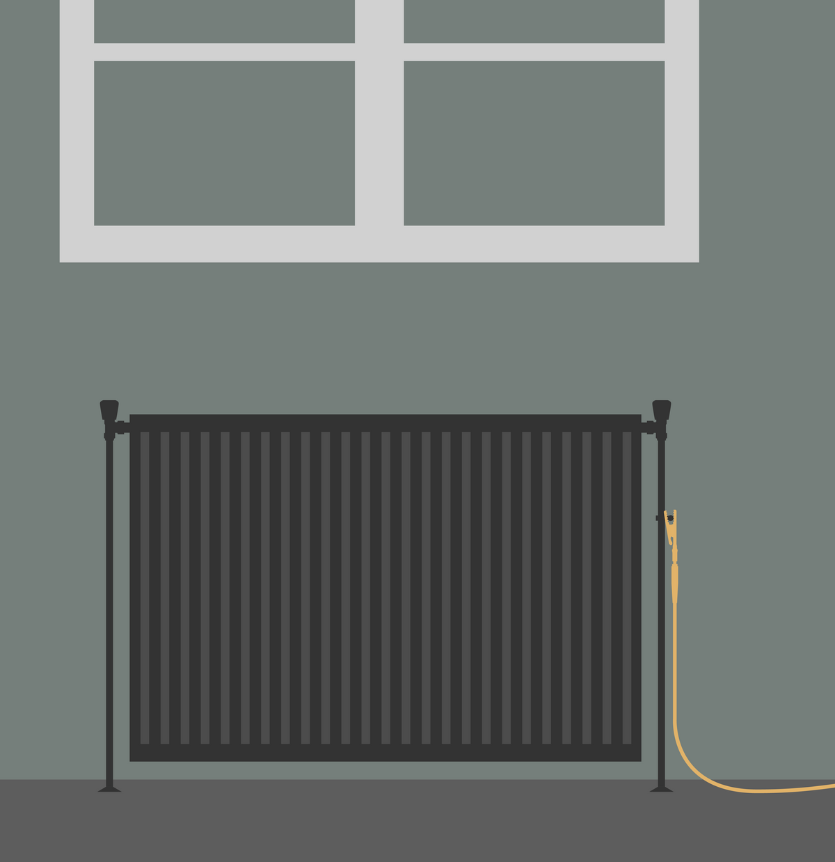 Ilustração de um radiador com a pinça de terra colocada e o cabo a seguir para dentro do quarto