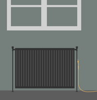 Ilustração de um radiador com a pinça de terra colocada e o cabo a seguir para dentro do quarto